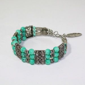Faux Turquoise Silver-tone Metal Bracelet with Feather & Lobster Claw Closure